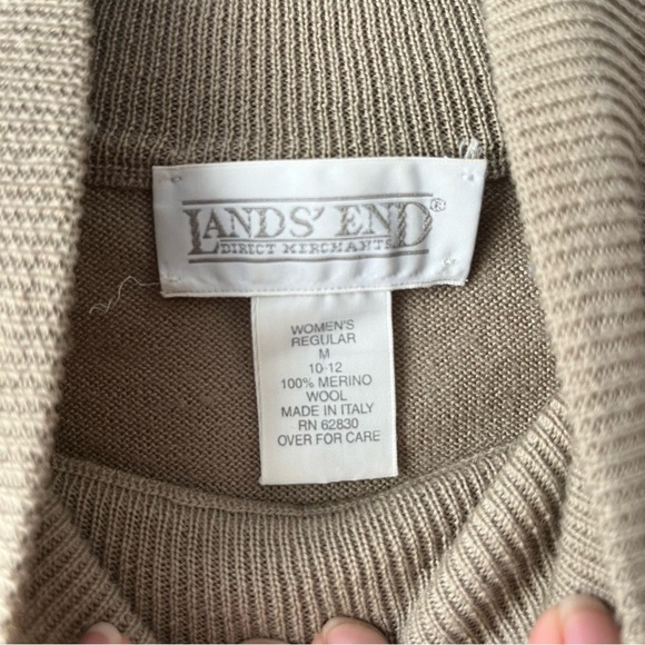 Lands' End Long Sleeve Merino Wool Turtle/Cowl Neck Sweater Beige Vtg Medium - Picture 2 of 3